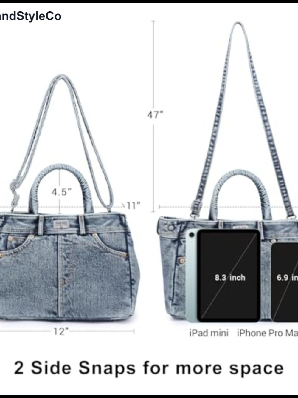Denim Satchel Crossbody Purse with Adjustable Side Buckles and 7 Pockets - Picture 4 of 6